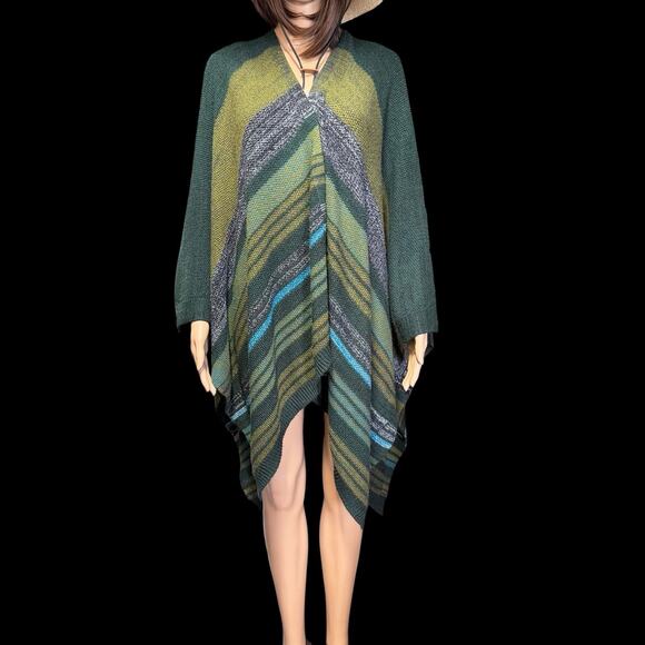 BCBG Max Azria Womens Knit Poncho One Size Green Blue Striped Boho Wrap - Picture 1 of 8